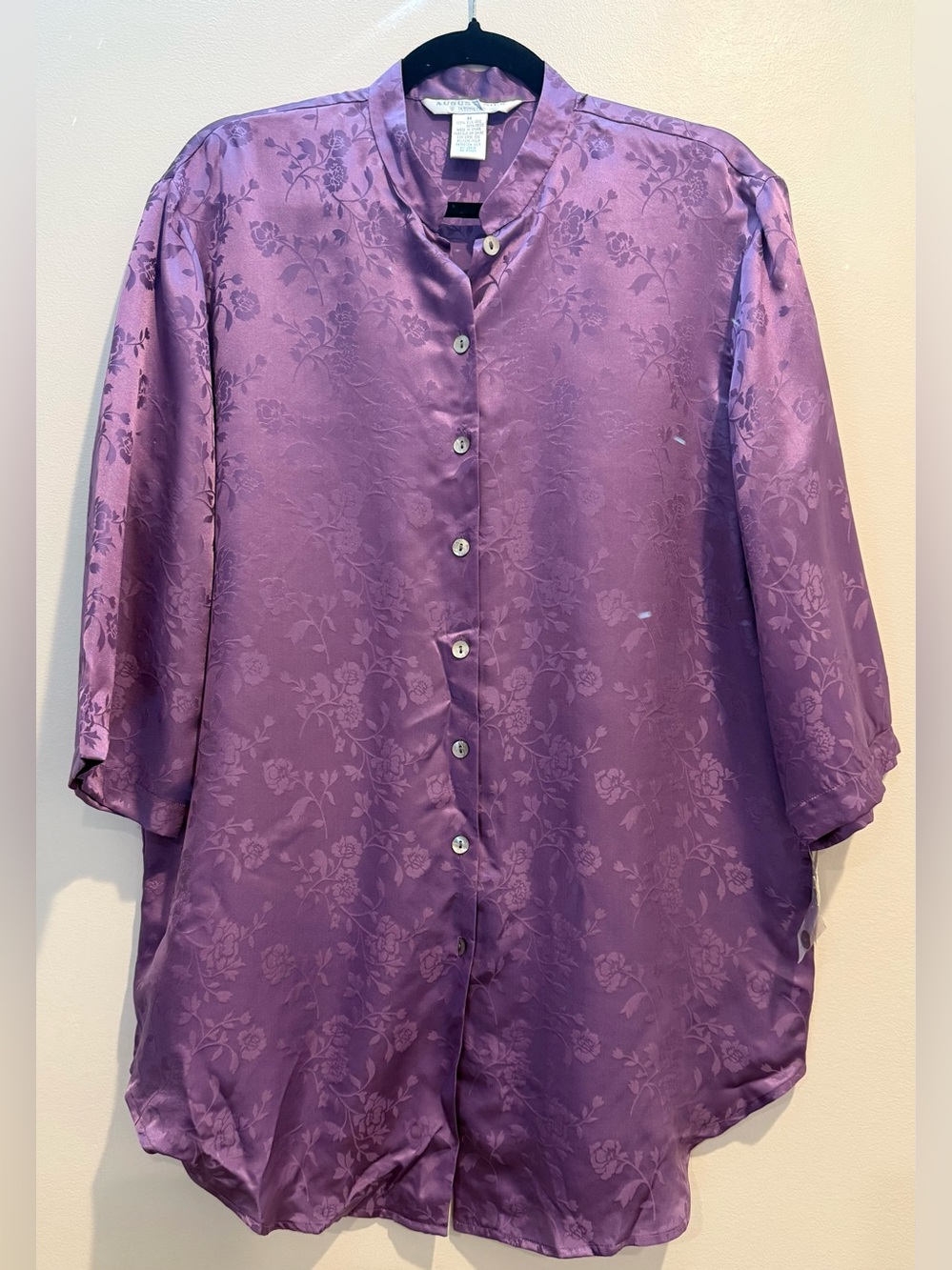 NWT August Silk 100% Silk Purple Floral Flower Print 3/4 Sleeve Button Up Top M